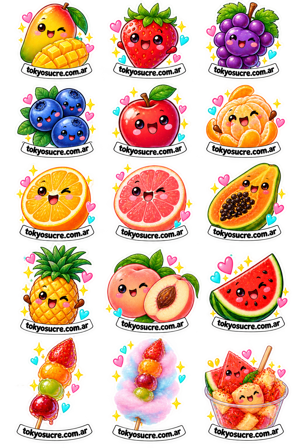 Stickers de frutas, incluyendo durazno y sandía, brochetas Tanghulu y frutas enchiladas